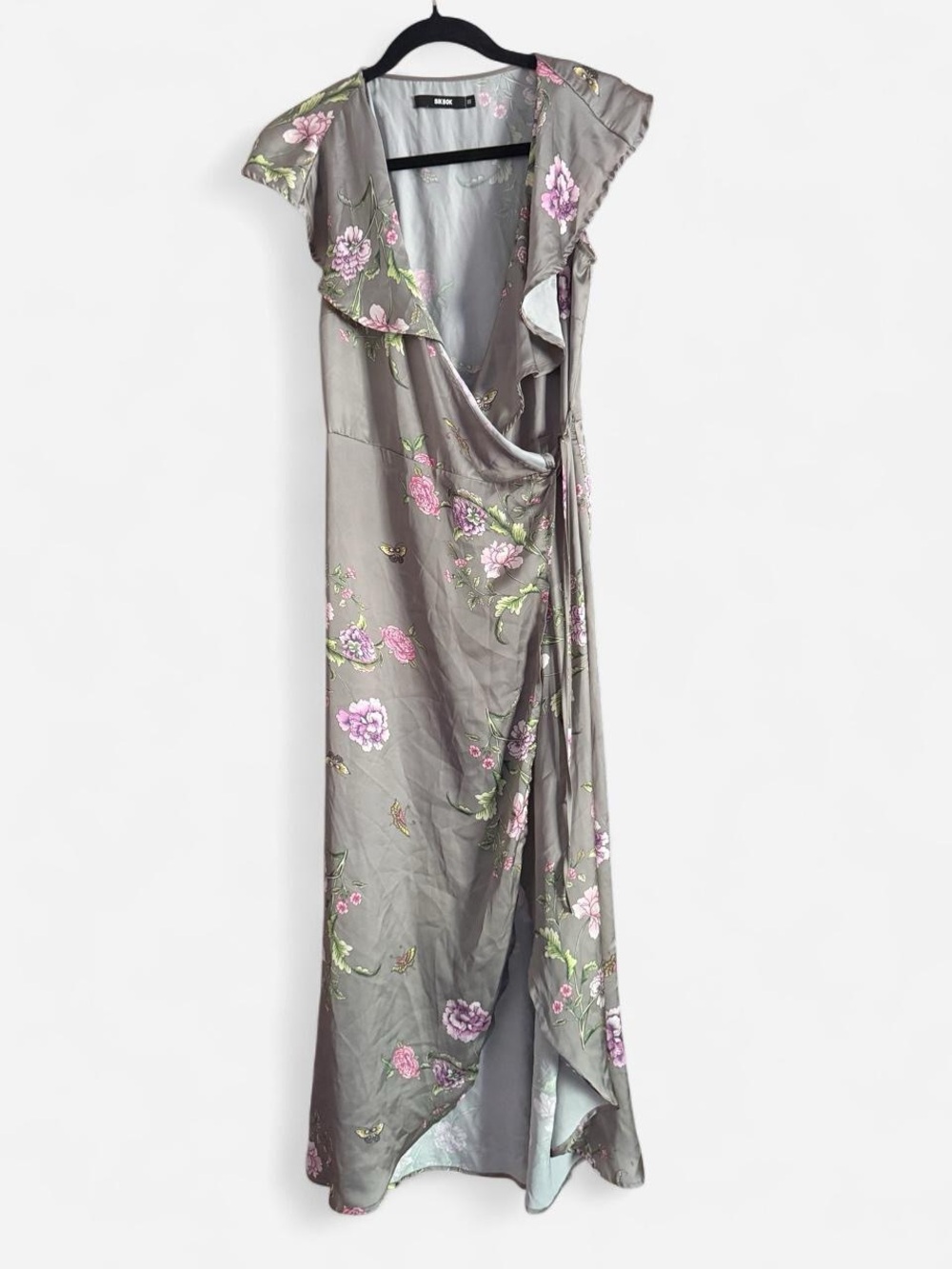 Women's Floral Wrap Maxi Dress in Gray with Pink Blooms